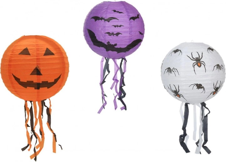 Lanterne Halloween en papier, boule avec franges 30 cm, 3 motifs
