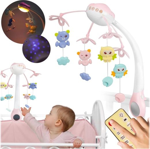 Mobile rose pour lit bébé avec projecteur et télécommande