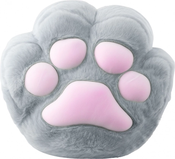 Coussin en peluche patte de chat avec poche chauffe-mains, gris 40 cm