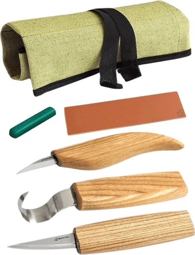 BeaverCraft set de sculpture pour cuillères et bols avec accessoires (3 couteaux dans un étui enroulable)