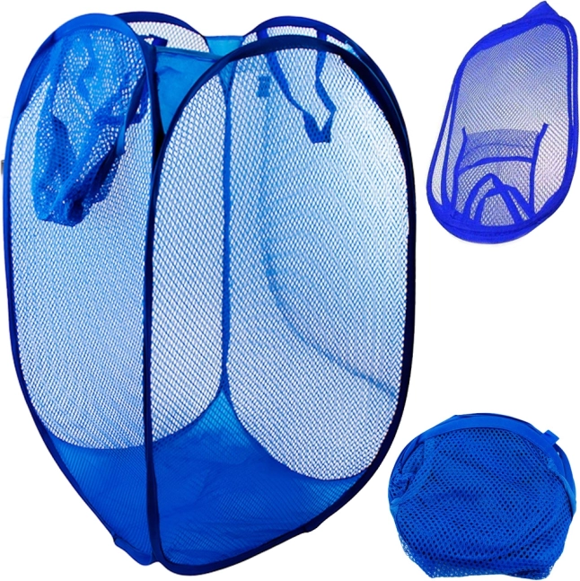 Panier à linge pliable en maille avec poche, 40 l, bleu