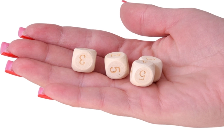 Pièces numérotées et dés en bois