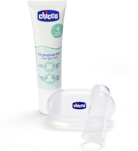 Chicco gel apaisant pour gencives et brosse en silicone à doigt avec étui pour bébés 4m+