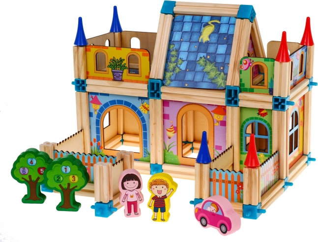 Blocs de construction en bois pour enfants 3+ – ensemble coloré de 128 pièces pour construire une petite maison