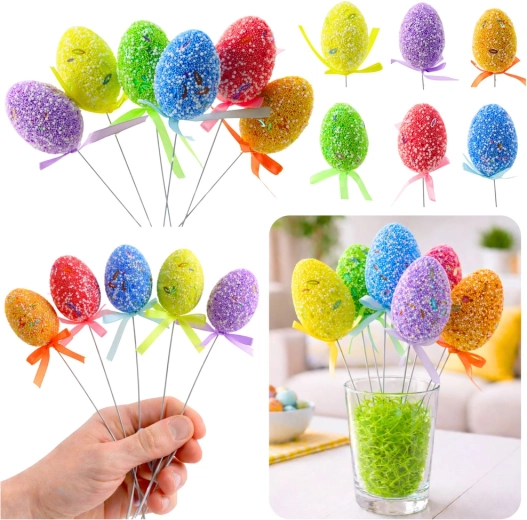 Œufs de Pâques colorés sur tige métallique avec motifs et ruban - 6 pièces