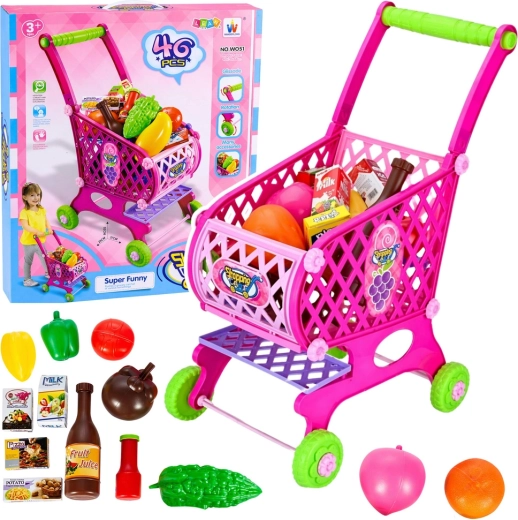 Chariot de courses rose pour enfants avec aliments, 46 pièces, 52 cm