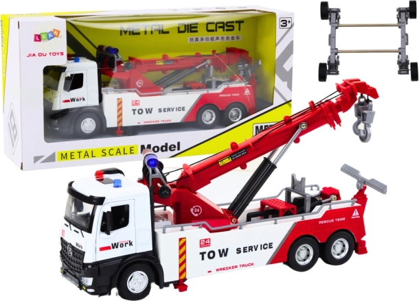 camion de remorquage en métal avec grue à deux crochets, lumières et sons, blanc‑rouge