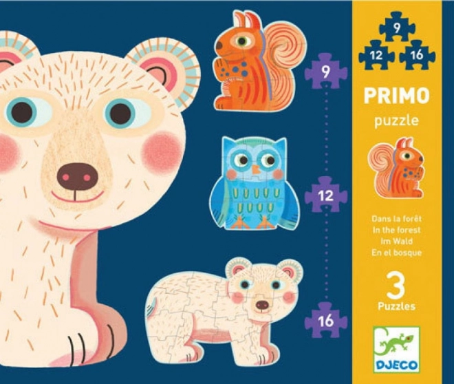 DJECO puzzle Dans la forêt 3-en-1 – animaux en silhouette pour enfants (9, 12, 16 pièces)