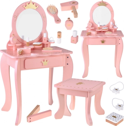 Coiffeuse royale en bois avec miroir, tabouret et accessoires pour enfants