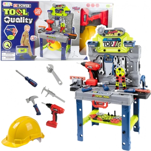 Table d’atelier 2-en-1 pour petit bricoleur avec mallette et visseuse sans fil, 133 pièces