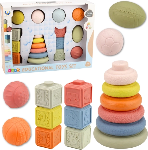 Set sensoriel pour bébés – balles souples, cubes numériques et anneaux à empiler, 18 pcs