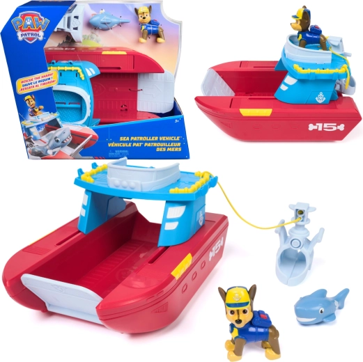 Spin Master PAW Patrol Sea Patroller – bateau de sauvetage de la Pat’ Patrouille avec la figurine Chase et un requin