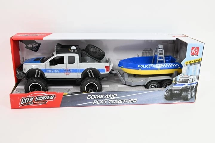 Véhicule tout-terrain de police avec remorque et bateau de sauvetage avec lumière et son