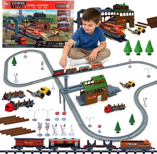 Circuit de train électrique avec scierie et grue, 3 wagons, rails 450 cm (60 pièces)