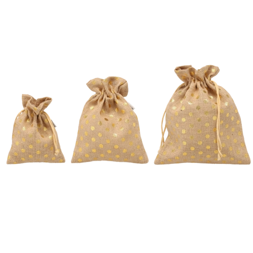 Set de sachets en jute à pois dorés 30 × 25 / 25 × 20 / 20 × 15 cm