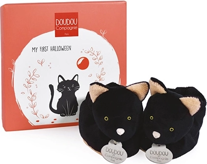 Coffret cadeau DOUDOU – premières chaussons motif chat noir 0–6 mois