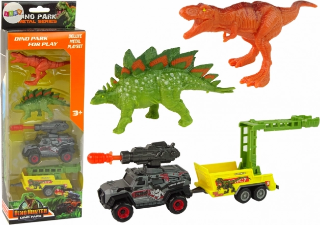 ensemble de dinosaures avec voiture, lance-roquettes et remorque