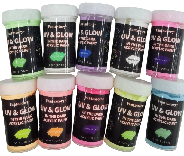 Peintures acryliques phosphorescentes – lot de 10 couleurs