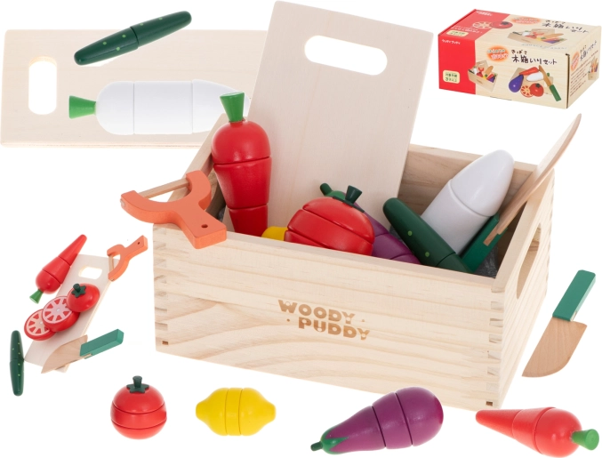 légumes magnétiques en bois à découper dans une caissette avec accessoires