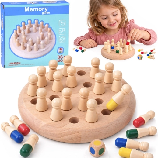 Jeu de mémoire en bois avec des pions colorés