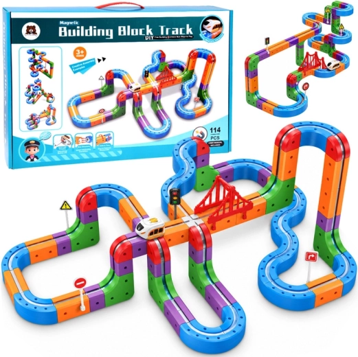 Kit de construction magnétique avec circuit ferroviaire, 114 pièces