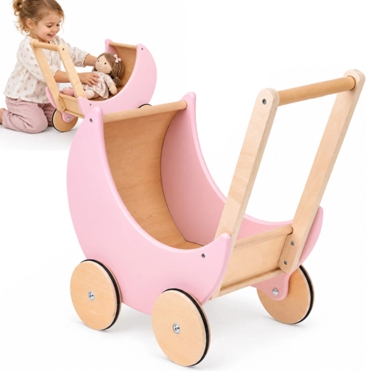 Landau rétro en bois pour poupées, couleur rose poudré