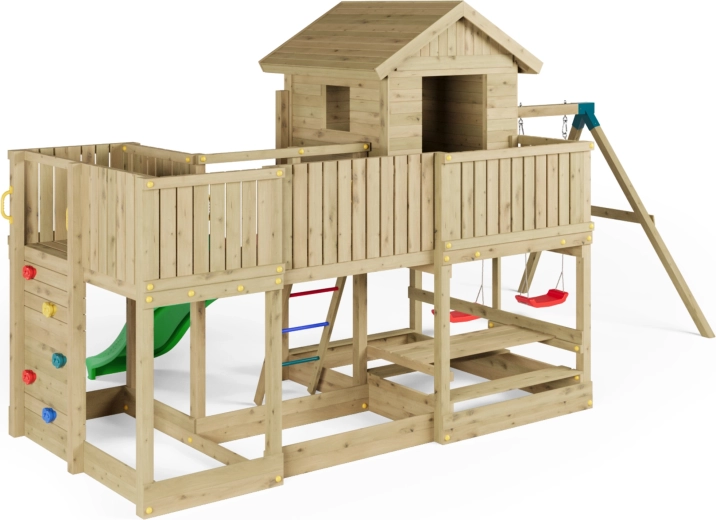 Aire de jeux en bois Fungoo Longstepper avec deux balançoires et toboggan