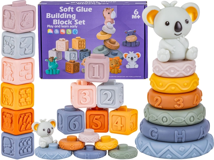 Cubes sensoriels en silicone souple et tour à empiler avec chiffres et formes, avec koala