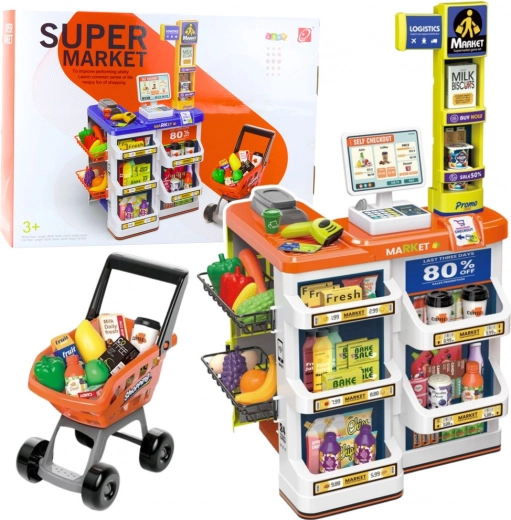 Magasin pour enfants avec caisse et chariot – set de supermarché 60 pièces
