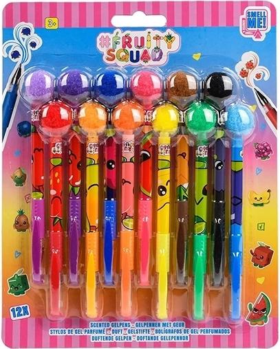 Stylos gel parfumés Fruity Squad avec pompon - 12 pièces