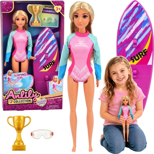 Poupée Anlily surfeuse avec planche de surf et accessoires