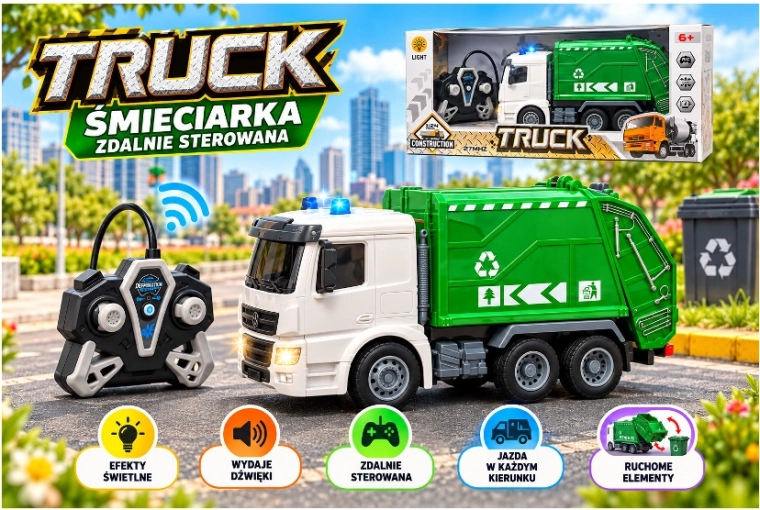 Camion-poubelle radiocommandé avec lumières et chargeur