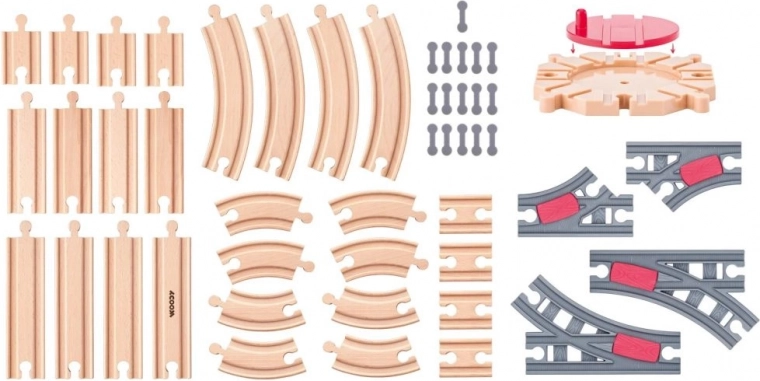 Ensemble de circuits de trains en bois avec plaque tournante – 50 pièces