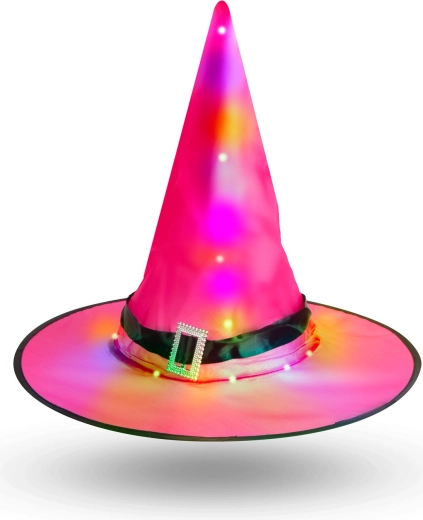 Chapeau de sorcière LED rose pour Halloween, 38 cm
