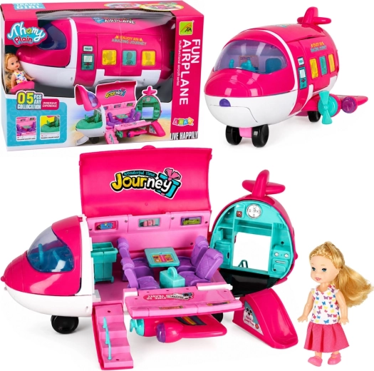 Avion de voyage pliable 2-en-1 pour poupées avec poupée et accessoires, rose