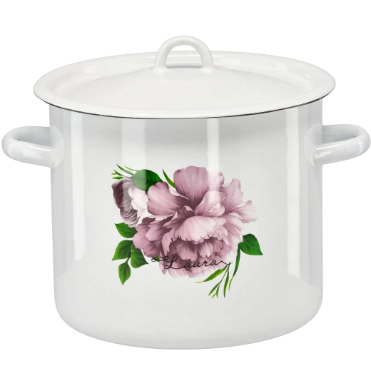 Marmite émaillée 7 l 22 cm blanche avec motif de pivoine Laura