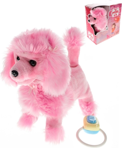 Chien caniche en peluche rose en laisse avec son 23 cm
