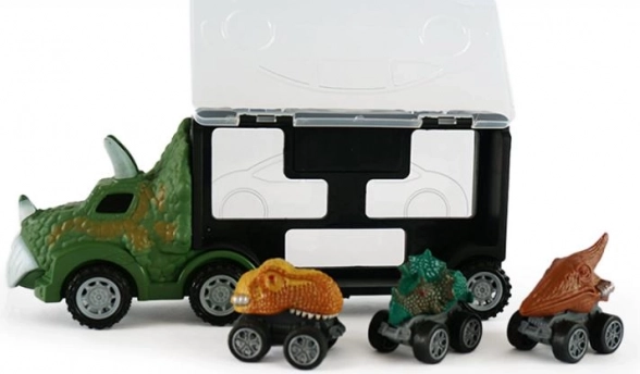 Camion dinosaure avec tracteur et 3 petites voitures à rétrofriction