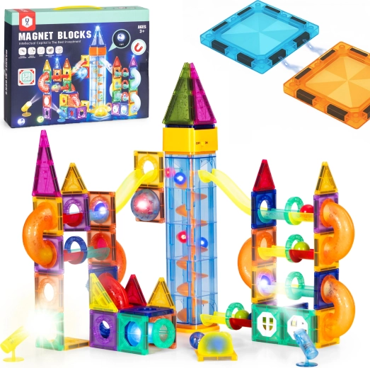 Jeu de construction magnétique lumineux avec piste de billes, 134 pièces