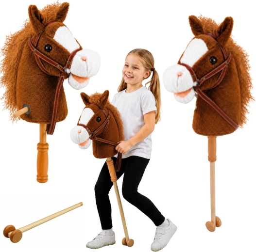 Cheval bâton marron avec poignée en bois, sons de galop et de hennissement, 100 cm