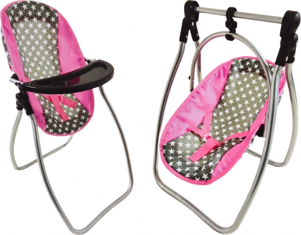 Balançoire et chaise haute pour poupées Alice à motif étoiles, gris-rose