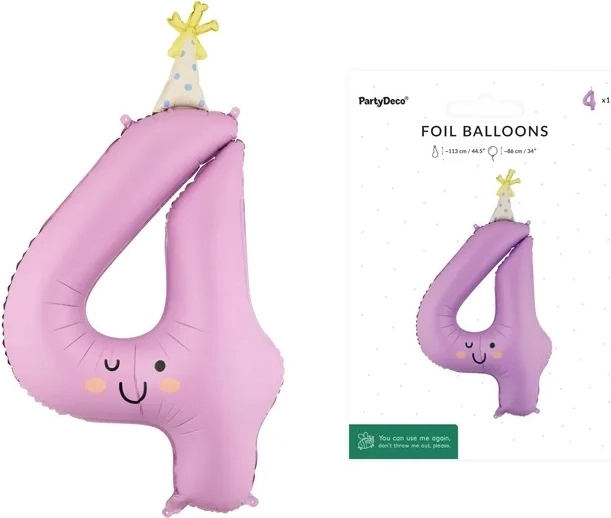 Ballon en aluminium chiffre 4 lavande avec visage