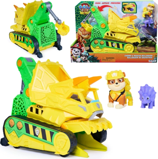 Spin Master La Pat’ Patrouille : Le Film – Sauvetage Dino : Bulldozer Chomp & Rescue de Ruben 23 cm avec figurines