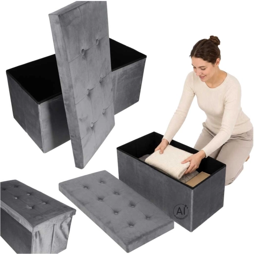 Pouf pliable en velours avec espace de rangement, gris 77 × 38 × 37 cm