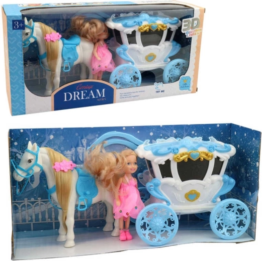 MaDe carrosse avec cheval et poupée avec lumière et son
