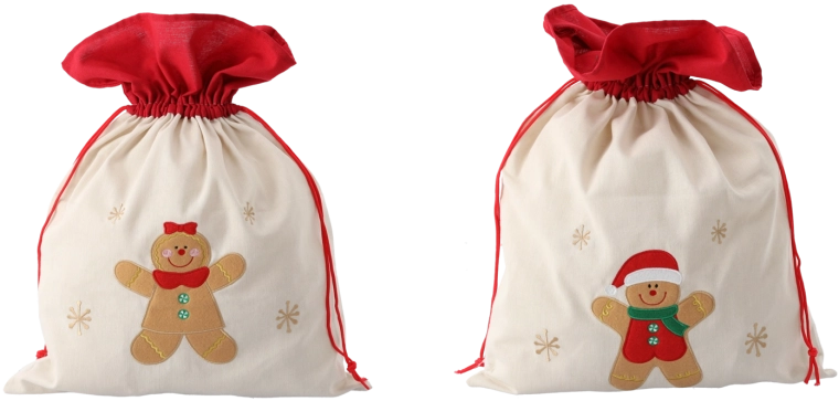 Sac cadeau 45 × 60 cm beige, motifs assortis avec personnage en pain d’épices