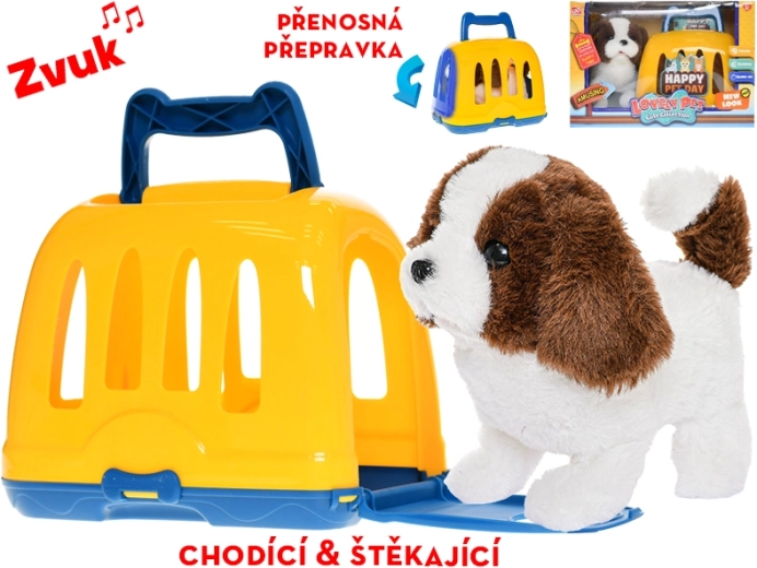 Chien en peluche dans une caisse de transport, marche et aboie, 19 cm