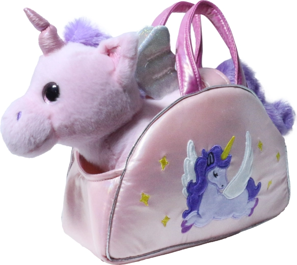 Licorne rose en peluche dans un sac à main scintillant