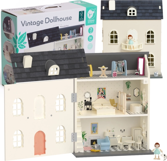 Maison de poupées en bois Classic World vintage avec accessoires, 36 pièces