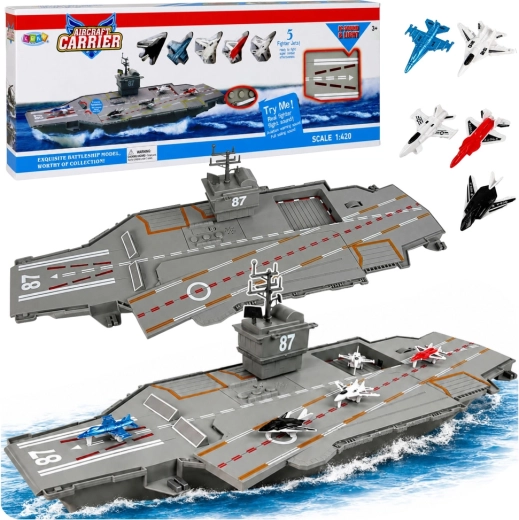 Porte-avions militaire avec lumières, sons et 5 avions de chasse